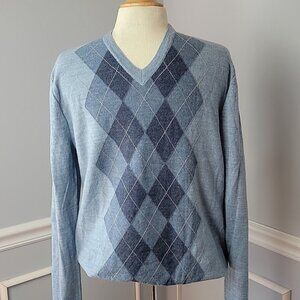 BANANA REPUBLIC Blue Argyle 100% Wool V-Neck Pull Over Preppy Academia Sweater M
